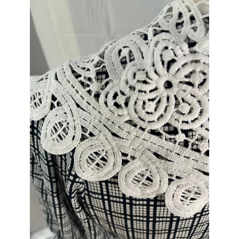 Korean Vintage Style Grid Print Midi Dress Crochet Lace Collar Black White Posh - Picture 7 of 14